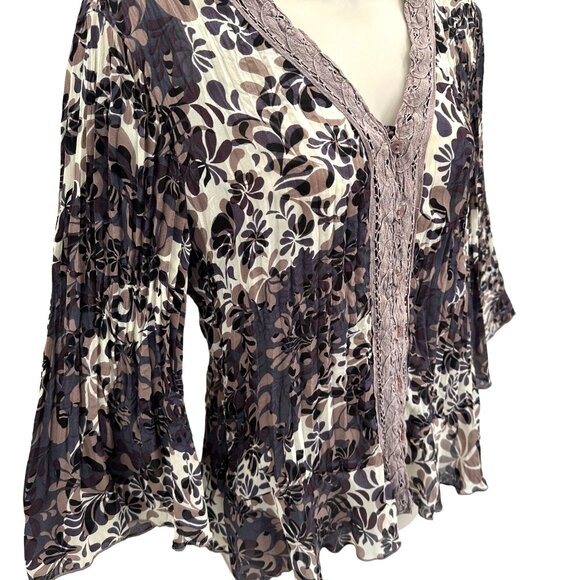 Piano Womens Floral Brown & Beige V Neck Bell Sleeve Button-Front Blouse PM - Picture 4 of 11